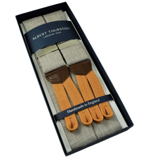 Albert Thurston Trouser Braces - Camel Beige Linen with Brown Leather and Copper Orange Braid Ends