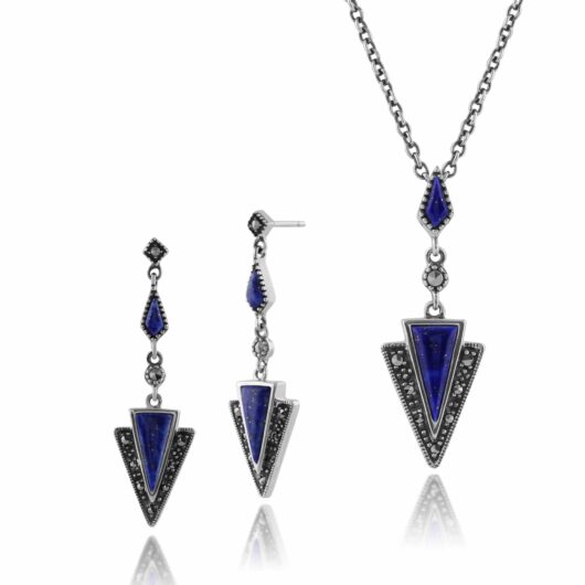 Art Deco Style Style Triangle Lapis Lazuli & Marcasite Drop Earrings & Necklace Set in 925 Sterling Silver