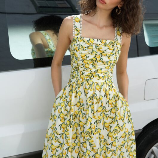 Barletta Lemon Ruched Sleeveless Midi Dress Citrus Multicoloured Lemon Print