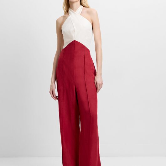 Birdie Linen Blend Halterneck Wide Leg Jumpsuit Colour Block Brick Red/Porcelain Cream