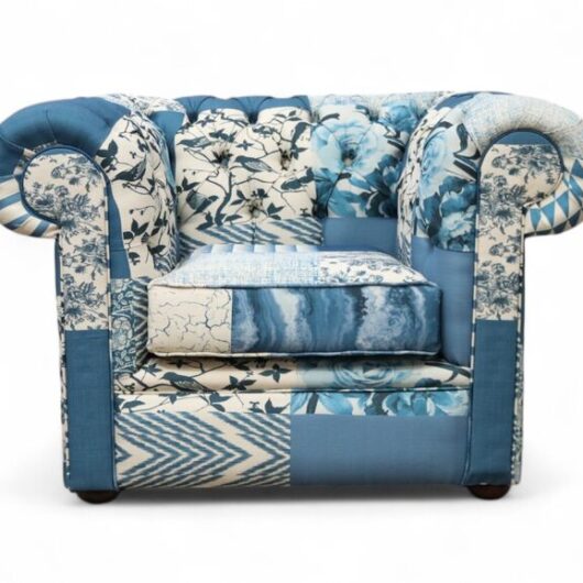 Chesterfield Low Back Club Chair Charles Patchwork Blue Fabric