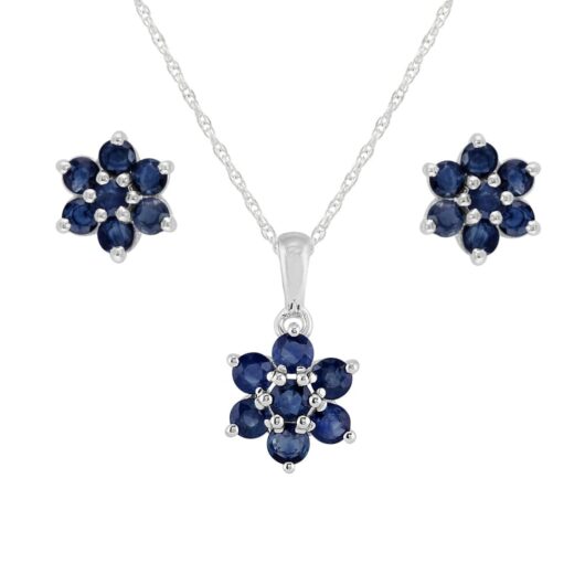 Floral Round Sapphire Flower Cluster Stud Earrings & Pendant Set in 925 Sterling Silver