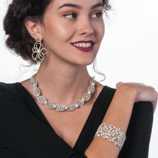 Gold Plated Croche Knitted Bracelet With Pearls | Anthos Jewellery