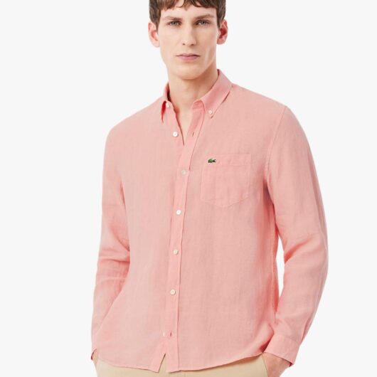 Lacoste Regular Fit Pure Linen Oxford Shirt Light Orange