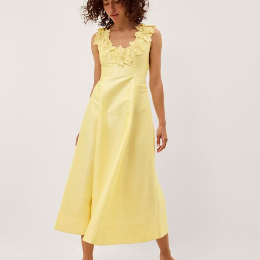 Monsoon Embroidered Scoop Neck Midaxi Tea Dress Yellow