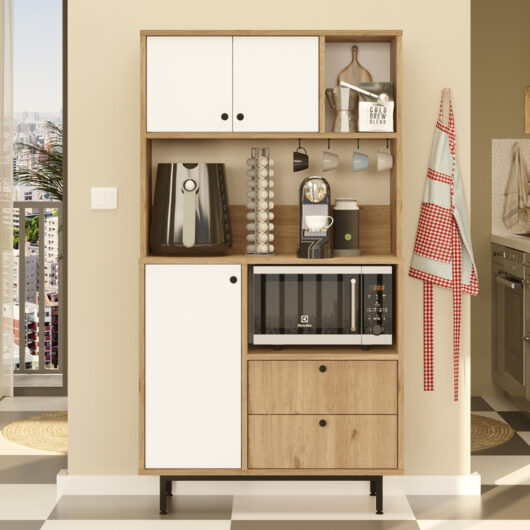 Velano Wooden Coffee Station Cabinet with 3 White Doors 2 Drawers in Oak