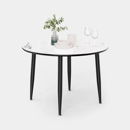 Vonhaus Dining Table - 4 Seater Kitchen Table for Dining Room - Round Marble Effect Dinner Table for 4 People - Circular Modern Dining Table
